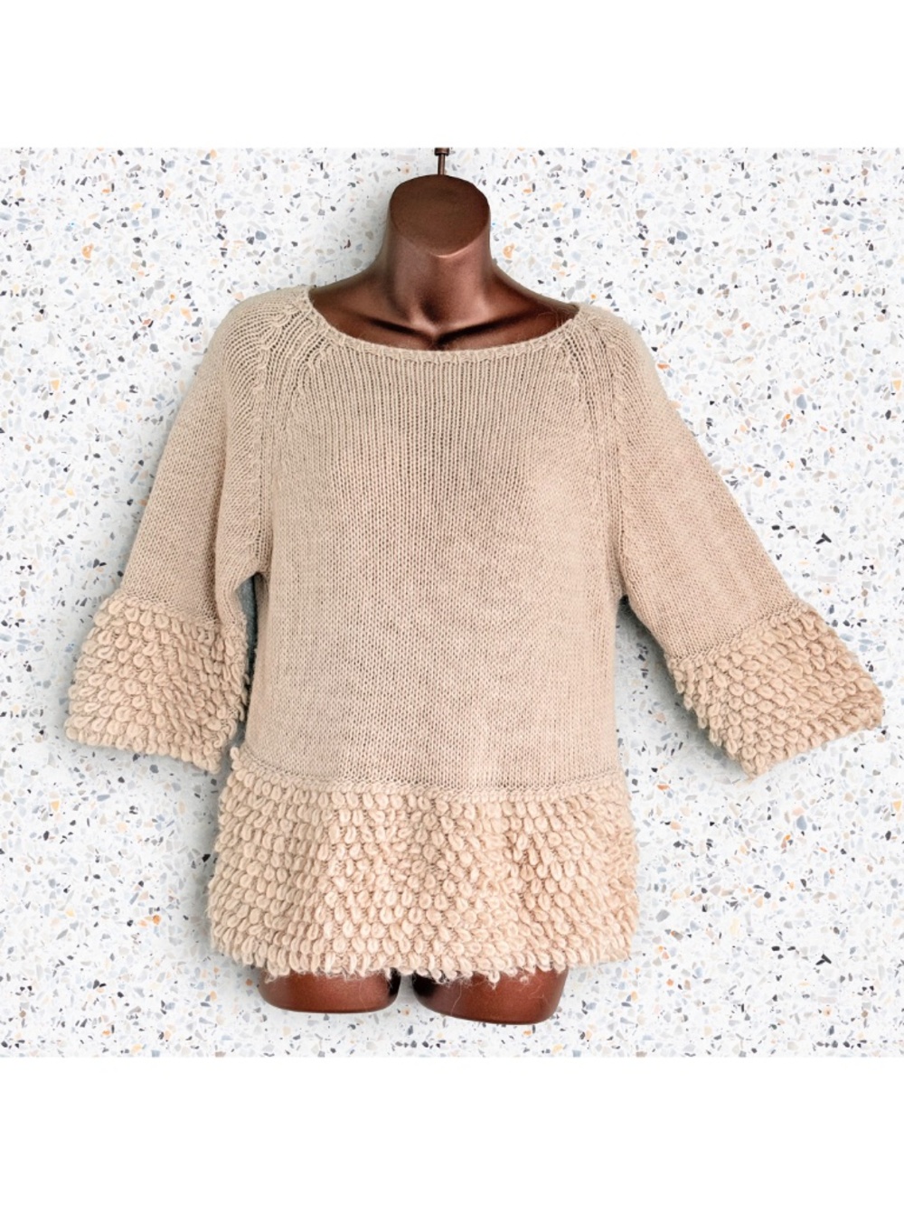 Lagenlook Italian Shaggy Loop Wool Mohair Blend Bell Sleeve Sweater Boho Sz M